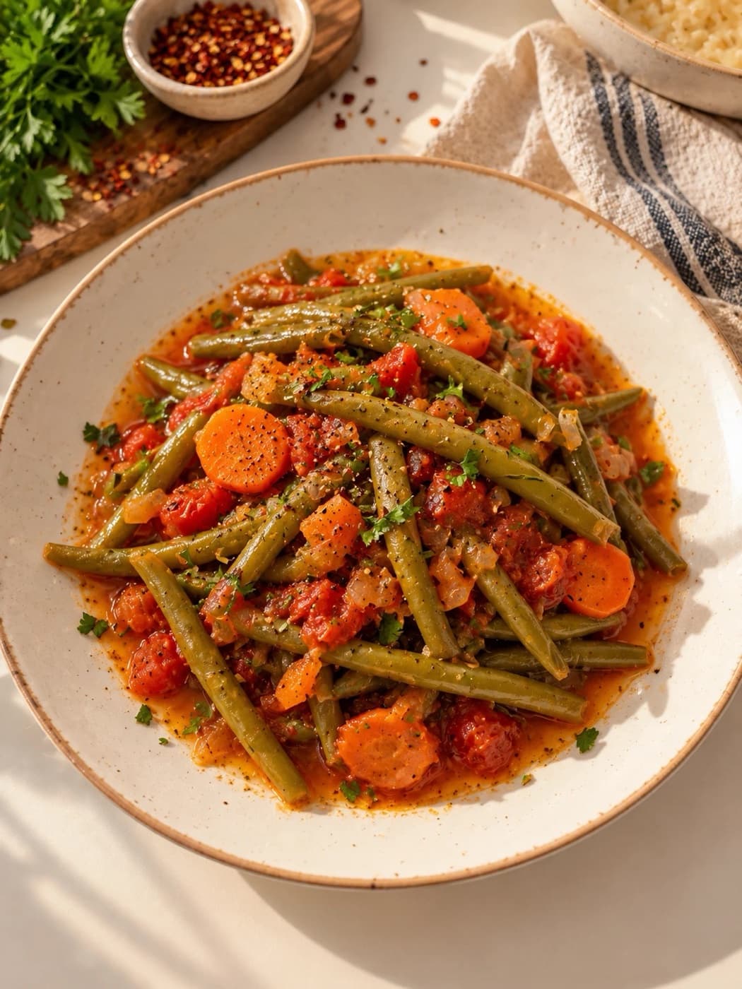 Turkish Olive Oil Green Beans with Red Onion